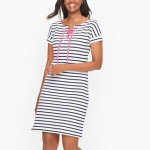 Talbots Cotton Terry Stripe Dress White Navy Pink Tie Size Medium